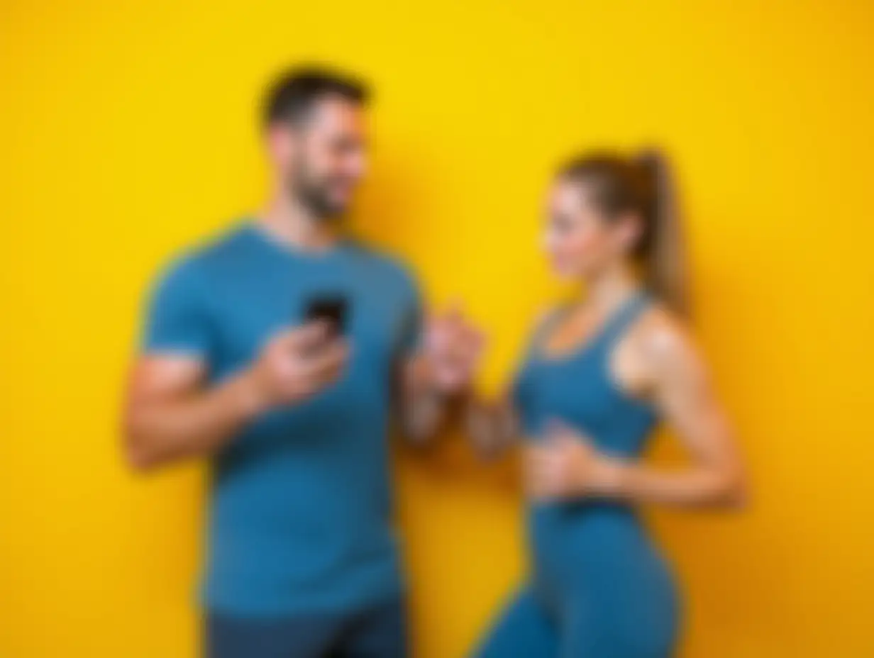 Young strong fitness trainer instructor sporty two man woman wear blue clothes spend time in home gym hold in hand use mobile cell phone isolated on plain yellow background. Workout sport fit concept.