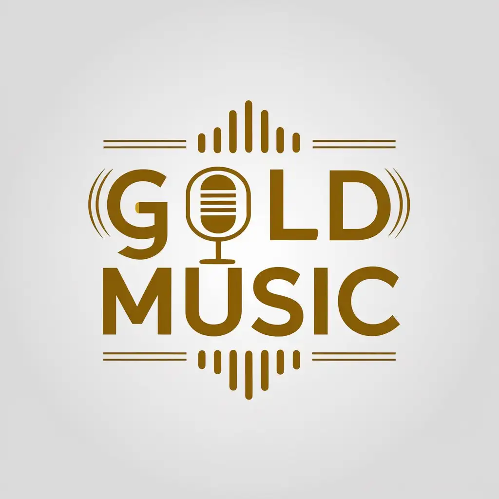 a vector logo design,with the text "GOLD MUSIC", main symbol:Sound wave, microphone, golden letters on white background,Moderate,be used in Music industry,clear background