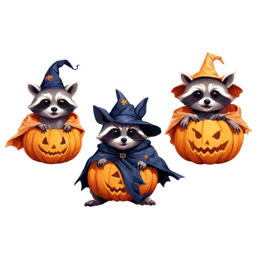 Cute-Baby-Raccoons-Halloween-PNG-Mummies-Bats-Witches-and-Pumpkins-in-Eunice-Ye-Style