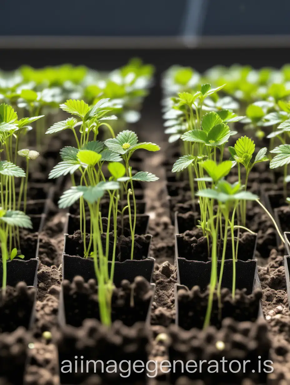 many strawberry seedlings cultivating process, panorama, want strawberry seedlings