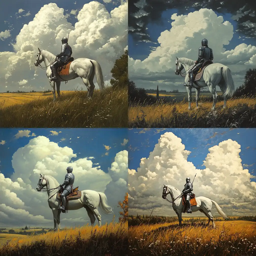 Knight-on-White-Horse-Riding-Through-a-Field-Under-Cloudy-Sky