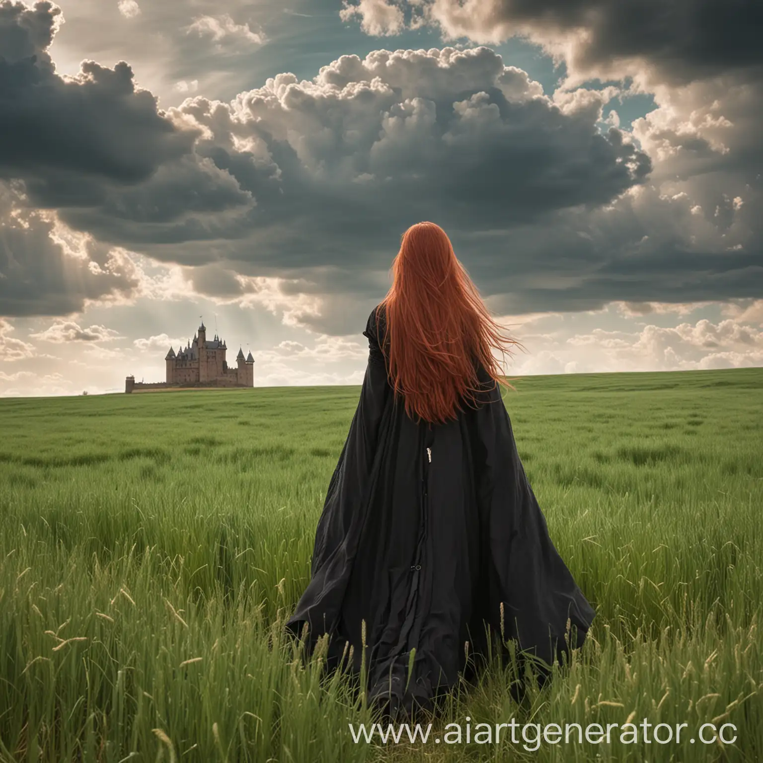 Solitary-RedHaired-Girl-in-Black-Cloak-Amidst-Wheat-Fields-and-Castle-Silhouette