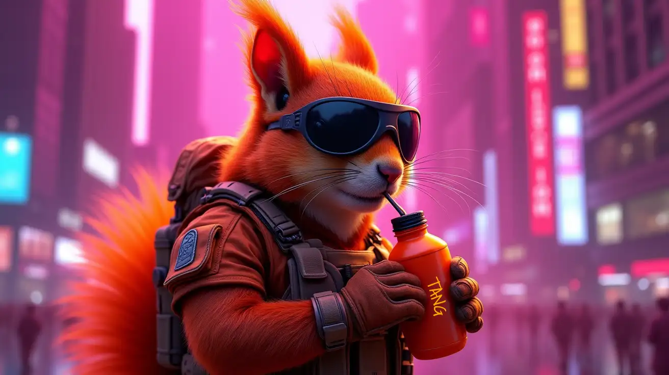 Hyper-realistic red squirrel with vivid glowing orange-red fur, realistic fine fur details and natural anatomy, wearing rugged military tactical gear in orange camouflage with neon orange highlights, heavy body armor, combat straps, pouches, tactical gloves, and dark matte tactical sunglasses, fierce confident expression with a natural smirk similar to Pepe memes but realistic and intimidating, drinking from an orange Tang bottle through a straw, gripping the bottle firmly with a gloved paw, set in a neon-lit futuristic cityscape in vibrant purple and pink representing Pulsechain, tall skyscrapers glowing with neon signs and atmospheric haze, dramatic cinematic lighting, gritty 1980s synthwave aesthetic, photographic style, no cartoon or illustration elements, ultra-detailed sharp focus