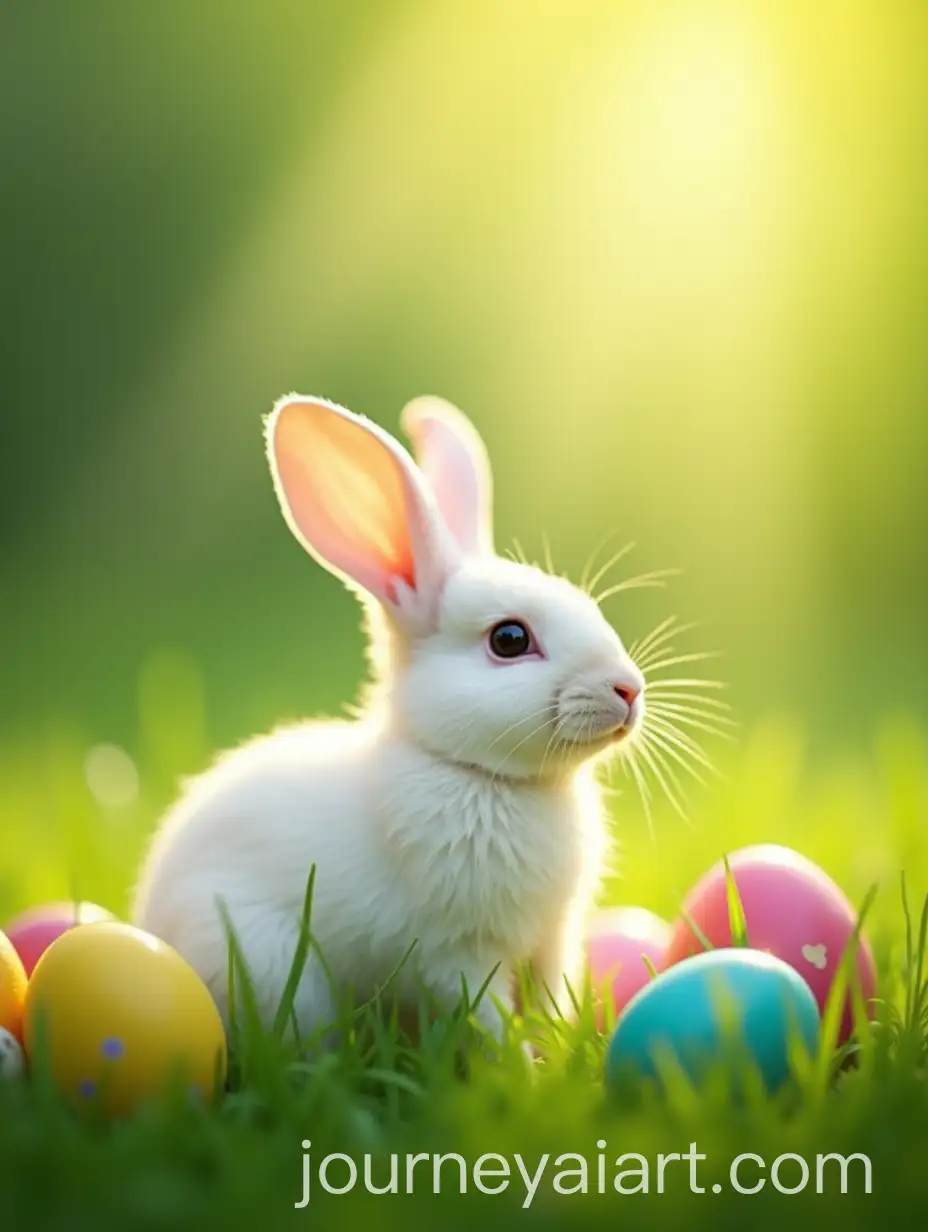 White-Rabbit-Sitting-in-Green-Grass-with-Multicolored-Easter-Eggs-Under-Sunlight