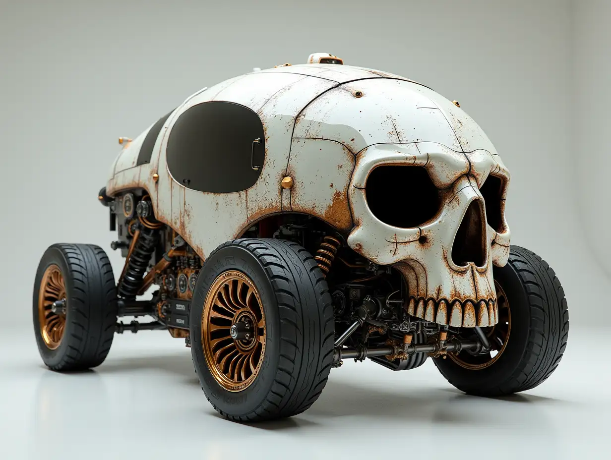 Supermodern utopian sportomnibus with skull design, lowered chassis, 18 inch wheels, aluminum wheels white brown silver Cyberpunk