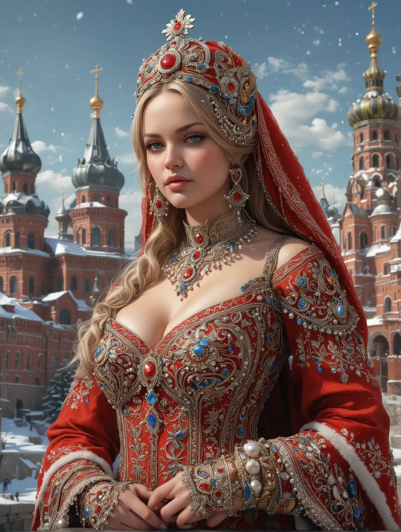 Fullbody view captured, Highly detailed pencil sketch and charcoal drawing of a beautiful Alexis Texas with awesome cleavage, digital drawing mode,folklore Russia-themed, long hair adorned with a kokoshnik (traditional Russian headpiece) decorated with pearls, striking blue eyes, wearing a luxurious red and gold sarafan with intricate embroidery, standing in front of a snowy Kremlin, holding a samovar, full body, dynamic pose, life size, perfect anatomy, full HD, 4K, HDR, perfect anatomy, intricate details, unusual, sharp focus, matte colorful organic shape, masterpiece art, high resolution, concept art, cinematic visual effect