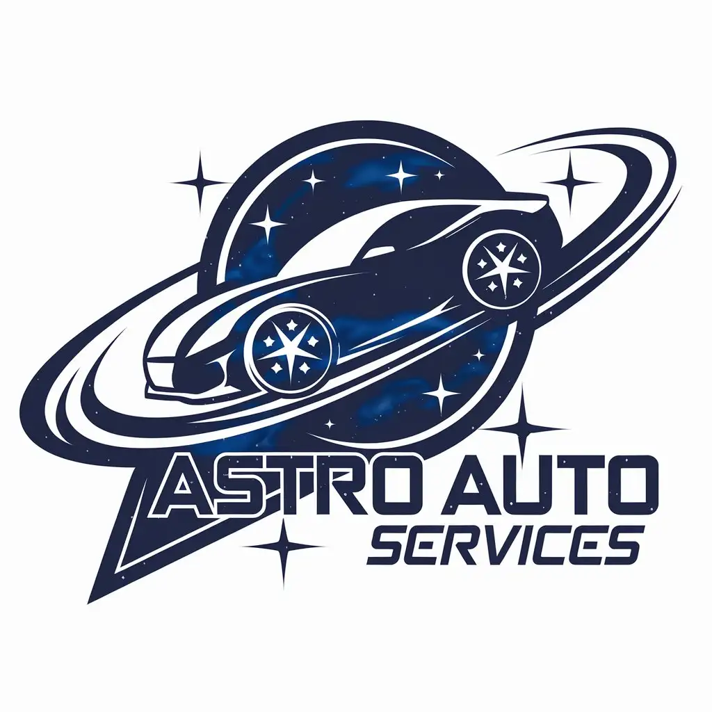 LOGO Design for Astro Auto Services Car and Space Symbol with Galaxy Blue Theme for Automotive Industry