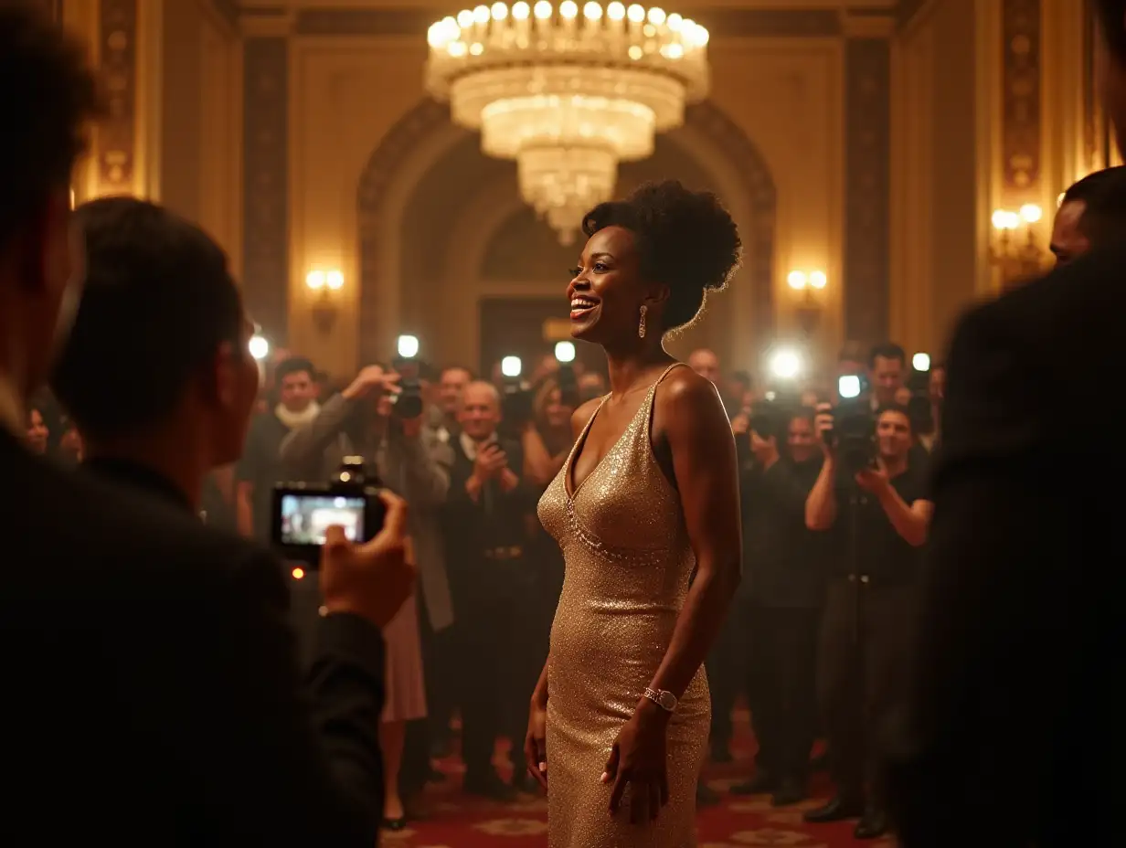 Graceful-BlackJazz-diva-in-theater-Jazz-Diva-Poses-Under-Theater-Chandelier-Amidst-Flashing-Cameras