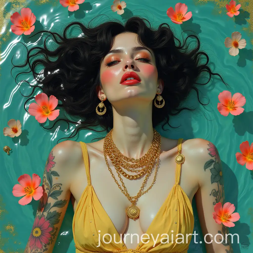 Surreal-UrbanPunk-Portrait-of-a-Figure-in-a-Tranquil-Pond-with-Gold-Chains-and-Floral-Tattoos
