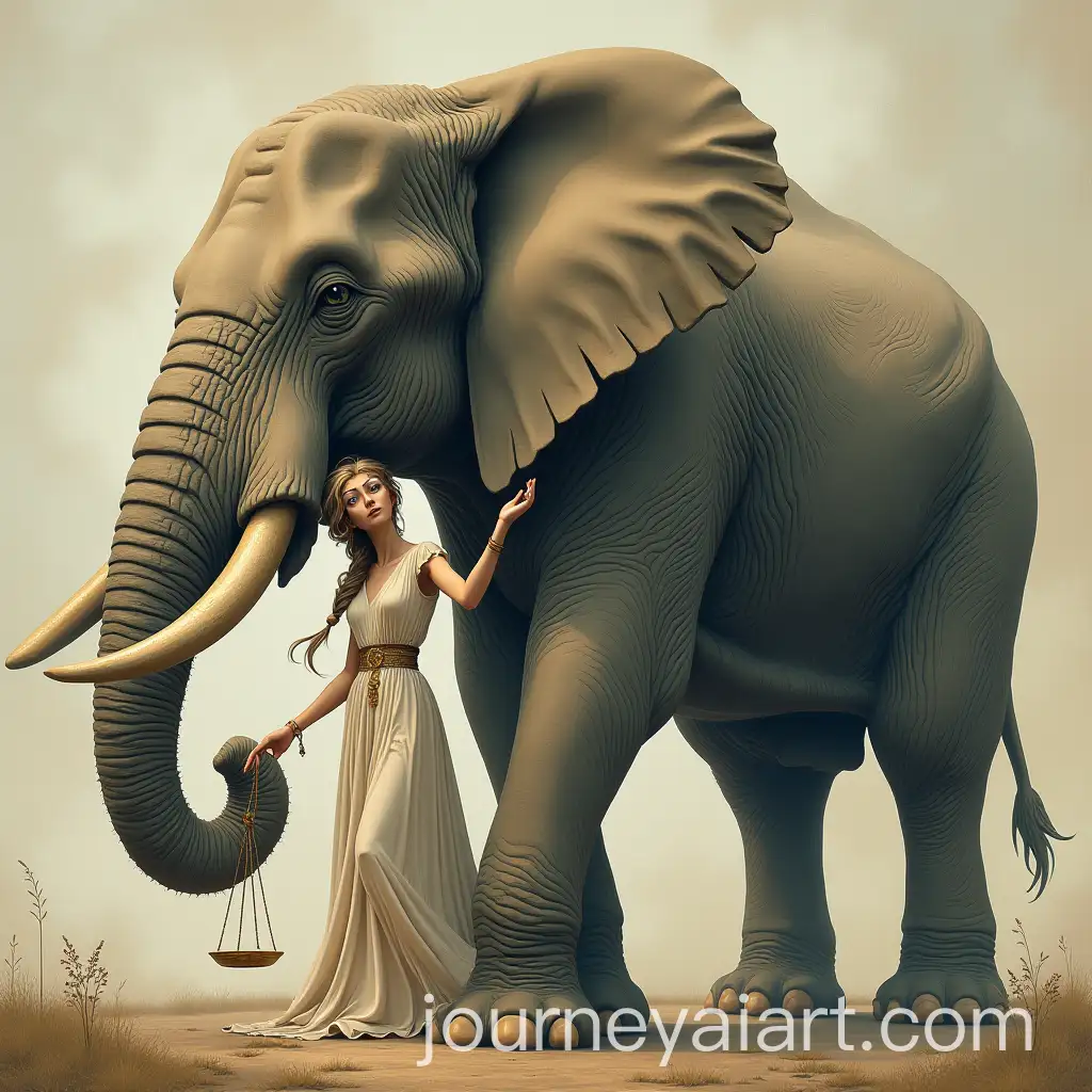 EleElephant-and-Themis-Illustrationphant-and-Themis-with-Bandaged-Eyes-and-Floating-Hair-in-Symbolic-Justice-Scene