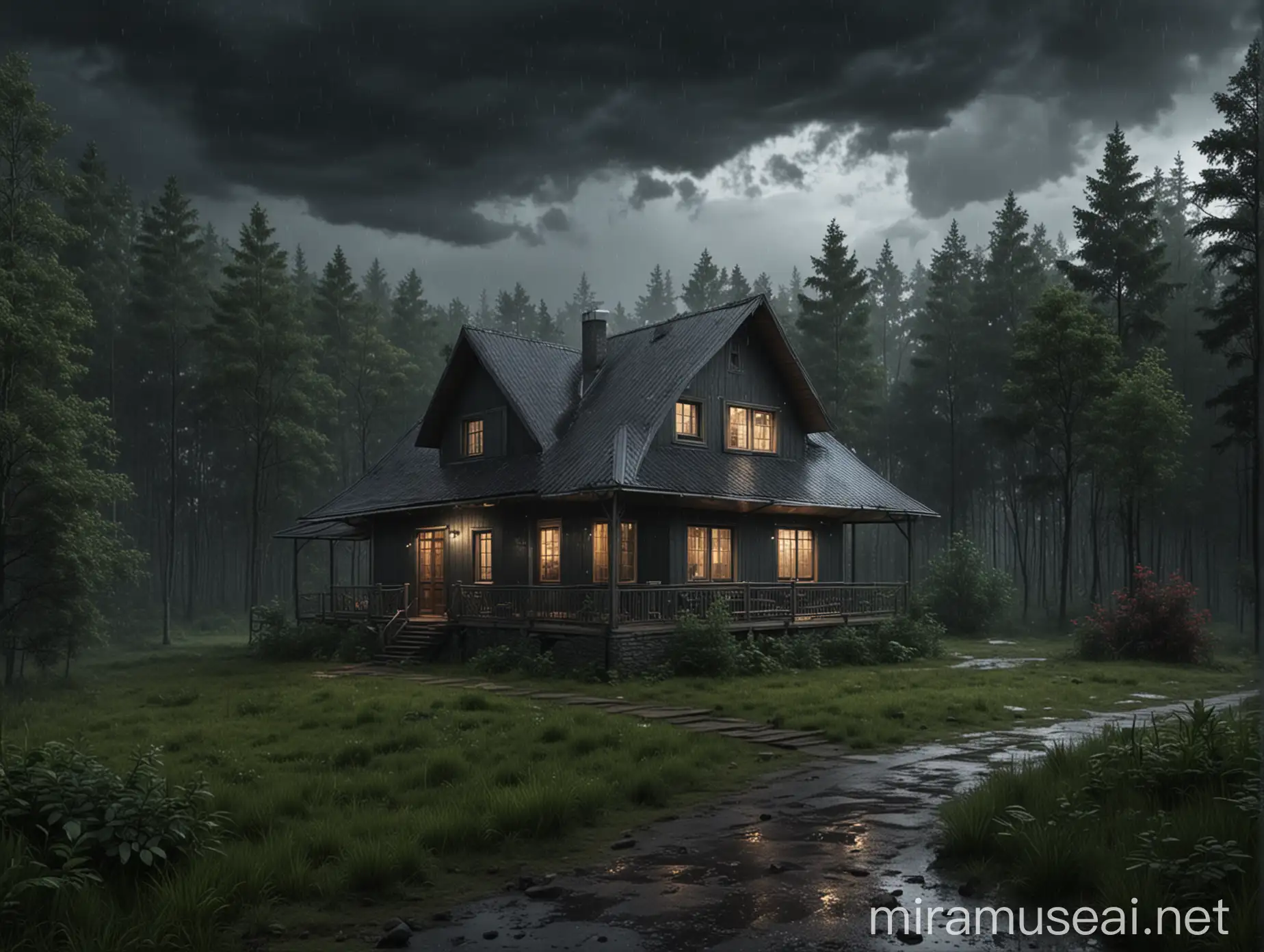 Realistic Rainy Forest Scene with House