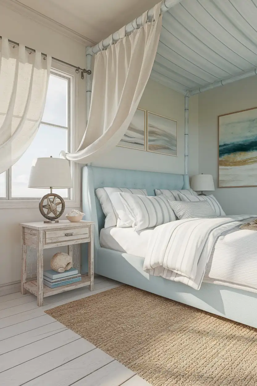 wide open shot of a real dreamy bedroom renovation, coastal design, featuring a light blue upholstered bed with white and beige striped bedding, a weathered wooden bedside table with a nautical-themed lamp and a small bowl of seashells, a window with light linen curtains gently swaying in a simulated breeze, light-colored wooden flooring with a natural jute rug, a piece of abstract artwork on the wall with shades of blue and sand, a feeling of fresh sea air and relaxed tranquility, high detail, photorealistic