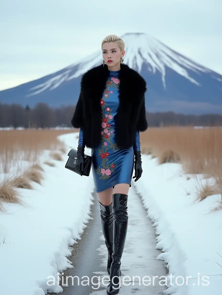 Blond-Japanese-Model-in-Metallic-Indigo-Leather-Dress-on-Snowy-Path-with-Mount-Fuji-Backdrop