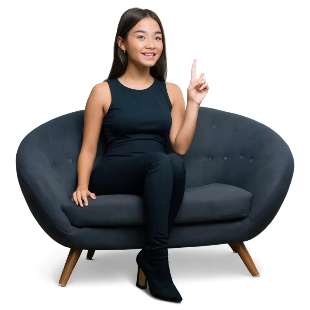 Pretty-Girl-Sitting-on-Sofa-Chair-with-Hand-Pointing-Right-HighQuality-PNG-Image-for-Versatile-Usage