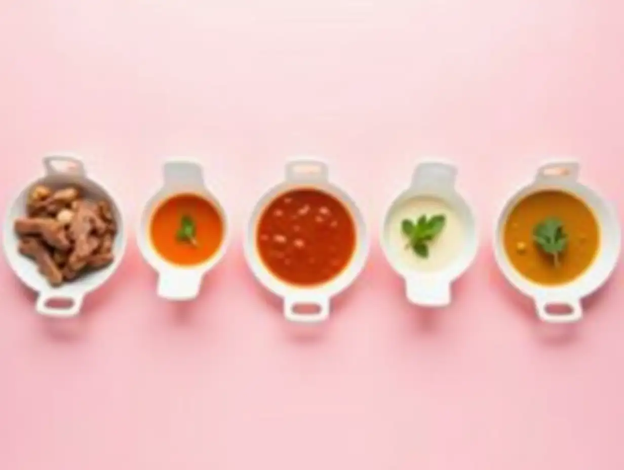 horizontal banner, set of small round saucers with different sauces for meat, fish and fast food, top view, row, pink background