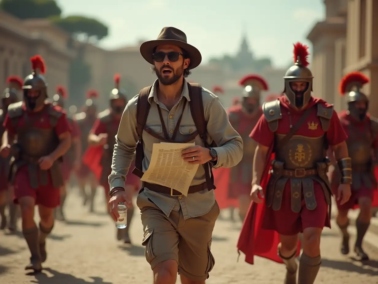 A foreign tourist, appearing surprised and amazed, wearing modern, stylish outdoor fashion suitable for a 40-year-old, including a hat, a backpack, a water bottle, and holding a guide map. The tourist is captured close to the camera, in the middle of running and escaping from a group of ancient Roman Colosseum soldiers in full historical armor, chasing him with determination. The scene is dynamic and action-packed, set in a vividly detailed and realistic environment with natural lighting and intricate textures highlighting the dramatic contrast between the modern tourist and the ancient soldiers.