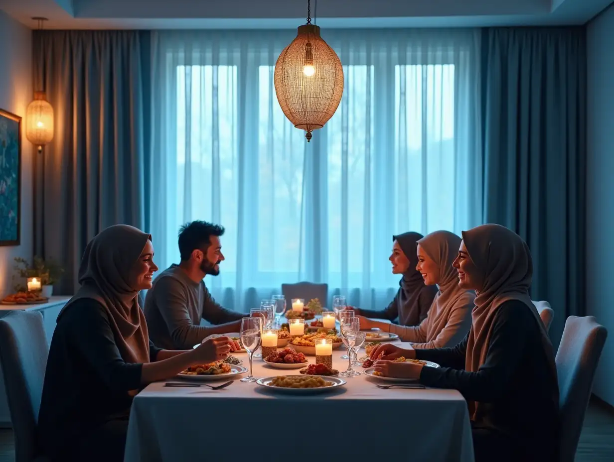 image for modern curtains in a dinning room Muslim people who is happily celebrating iftar party during Ramadan time together theme looks realistic and light blue color theme