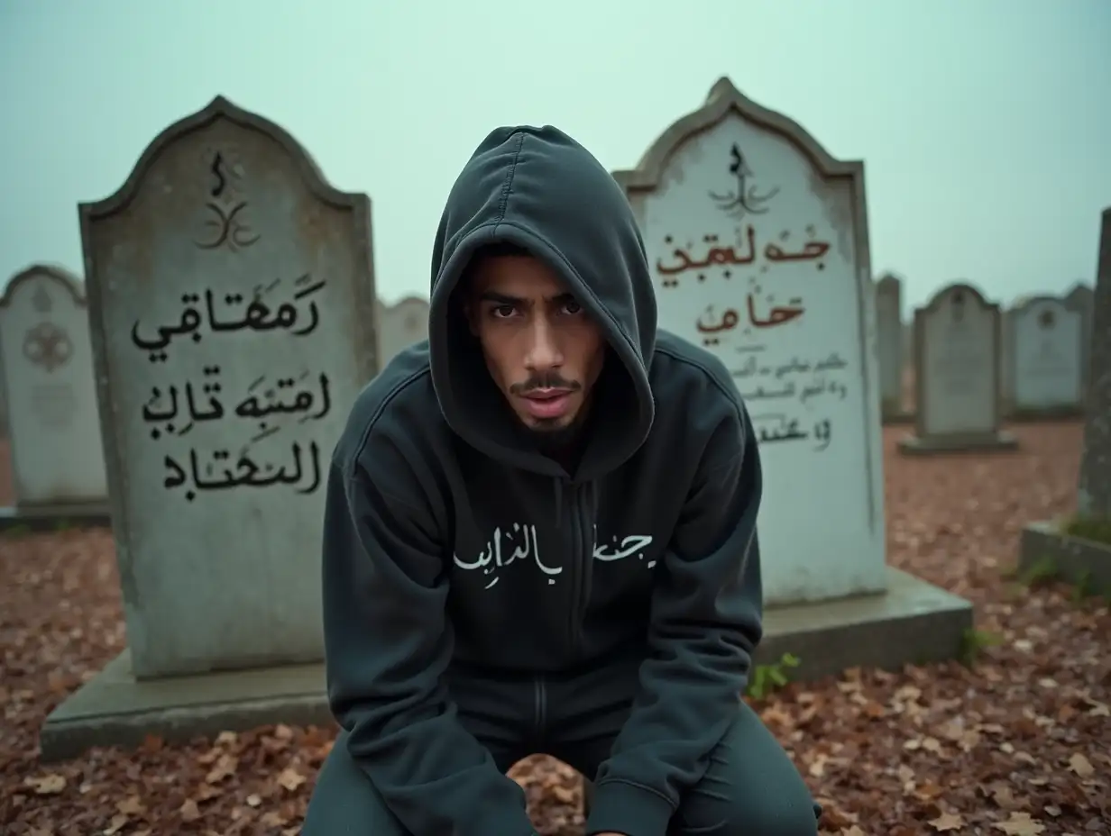 A young Tunisian rapper in a hoodie kneels before an Islamic weathered gravestone written in Arabic ( يا أيتها النفس المطمئنة ارجعي الى ربك راظية مرظية) in a cemetery. The sky is overcast, and dried leaves swirl around him. His face is somber, eyes full of pain. The wind howls softly. Cinematic, moody, ultra-realistic,