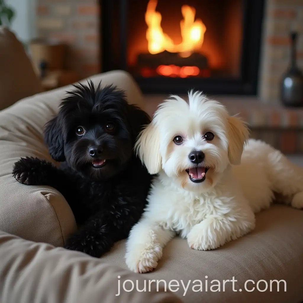 Two-Bichon-Havanese-Dogs-Playing-on-a-Couch-by-the-Fireplace