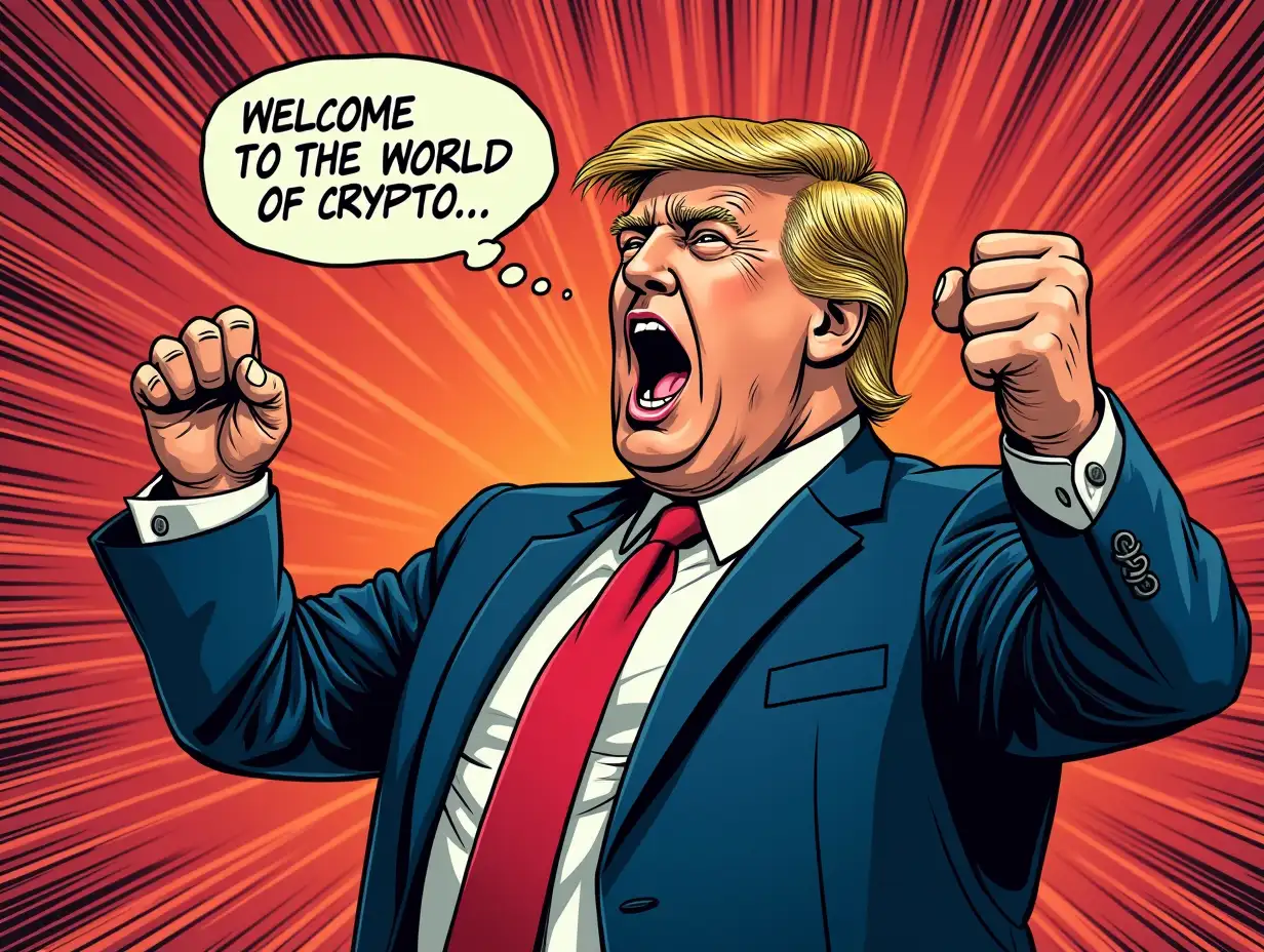 screaming donald trump 'welcome to the world of crypto' in comic style with vibrant, saturated tones