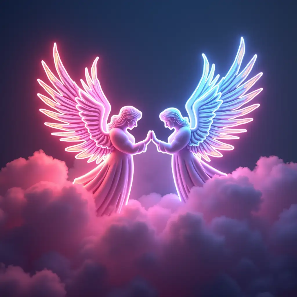 twin neon angels in the clouds