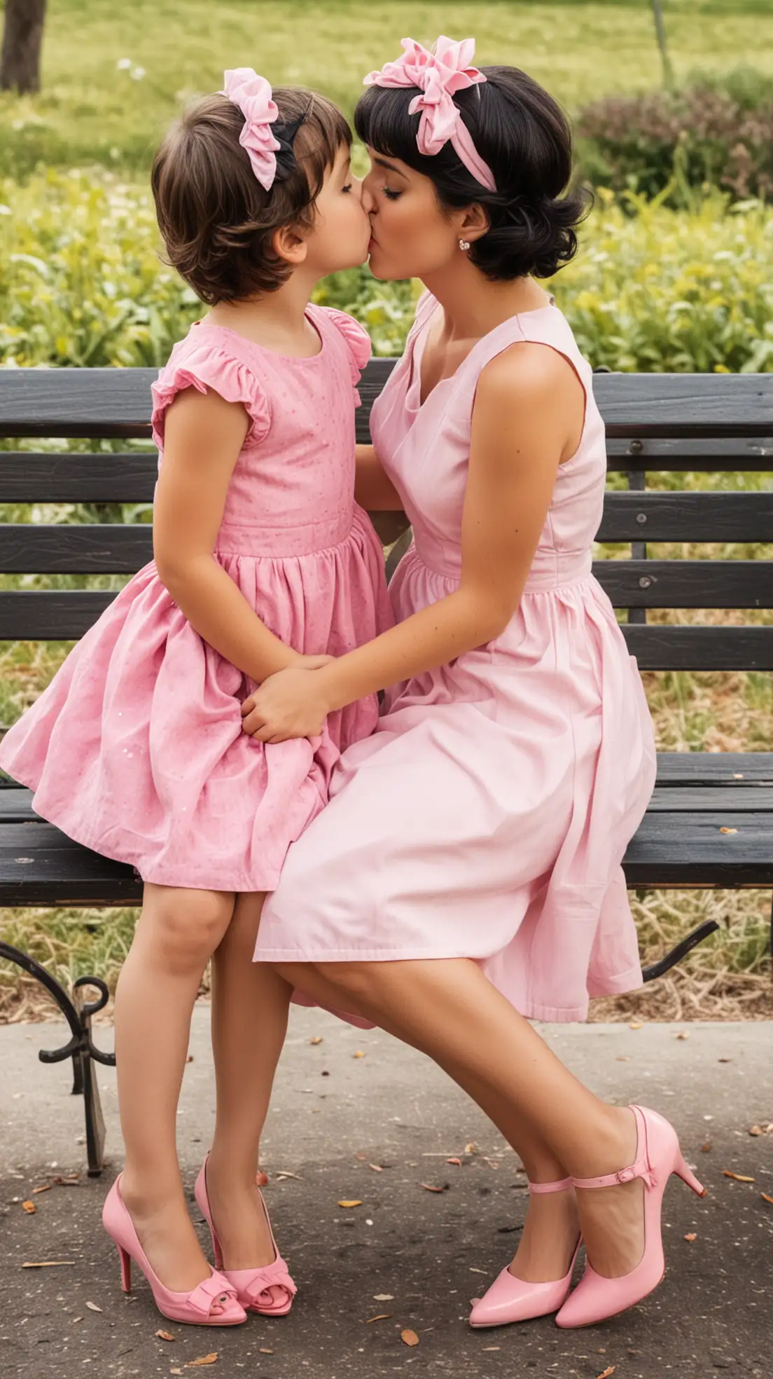 Young-Boy-in-Pink-Dress-and-Heels-Kissing-Mom-on-Park-Bench