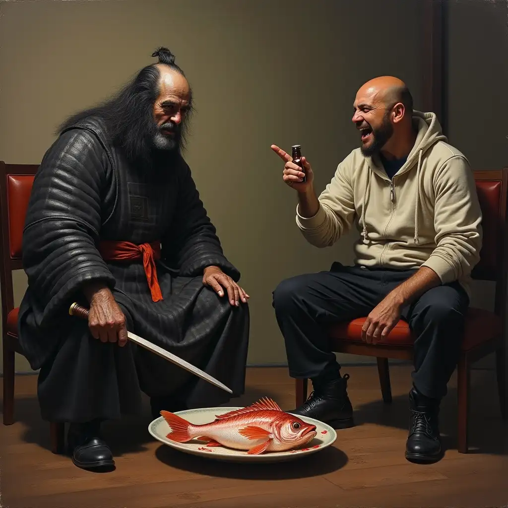 A stern, gloomy Japanese samurai eats fugu fish (it lies before him on a plate). Opposite the samurai sits a bearded Russian man in a ushanka, sweatshirt, black pants and black boots. In his hand, the man holds an open small bottle. The man laughs loudly to tears, pointing with a free hand at the samurai. Oil painting.