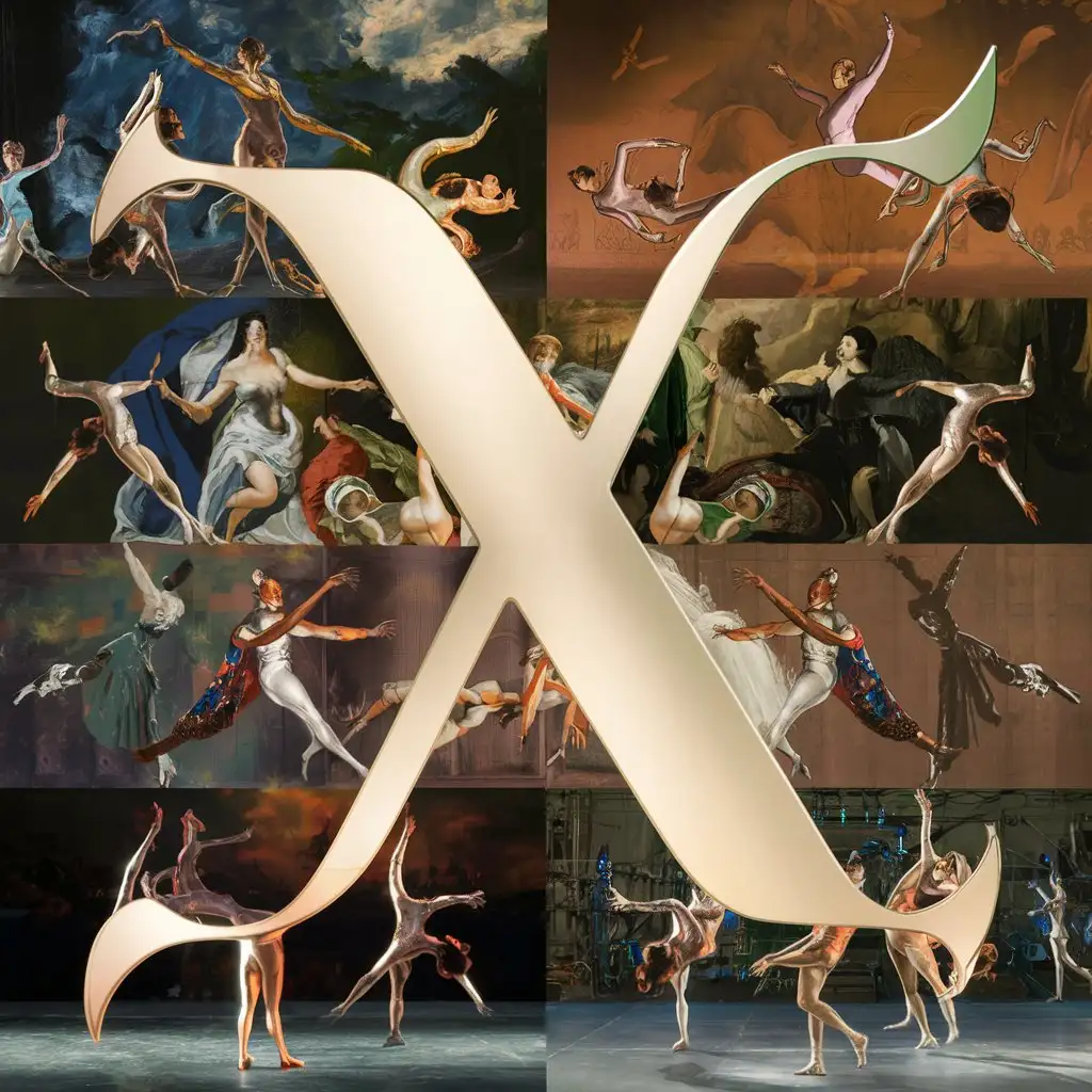 A large beautiful letter X is made in the Happening style using Chromakey technology with an overlay of an artistic background from famous paintings by artists and choreographic productions