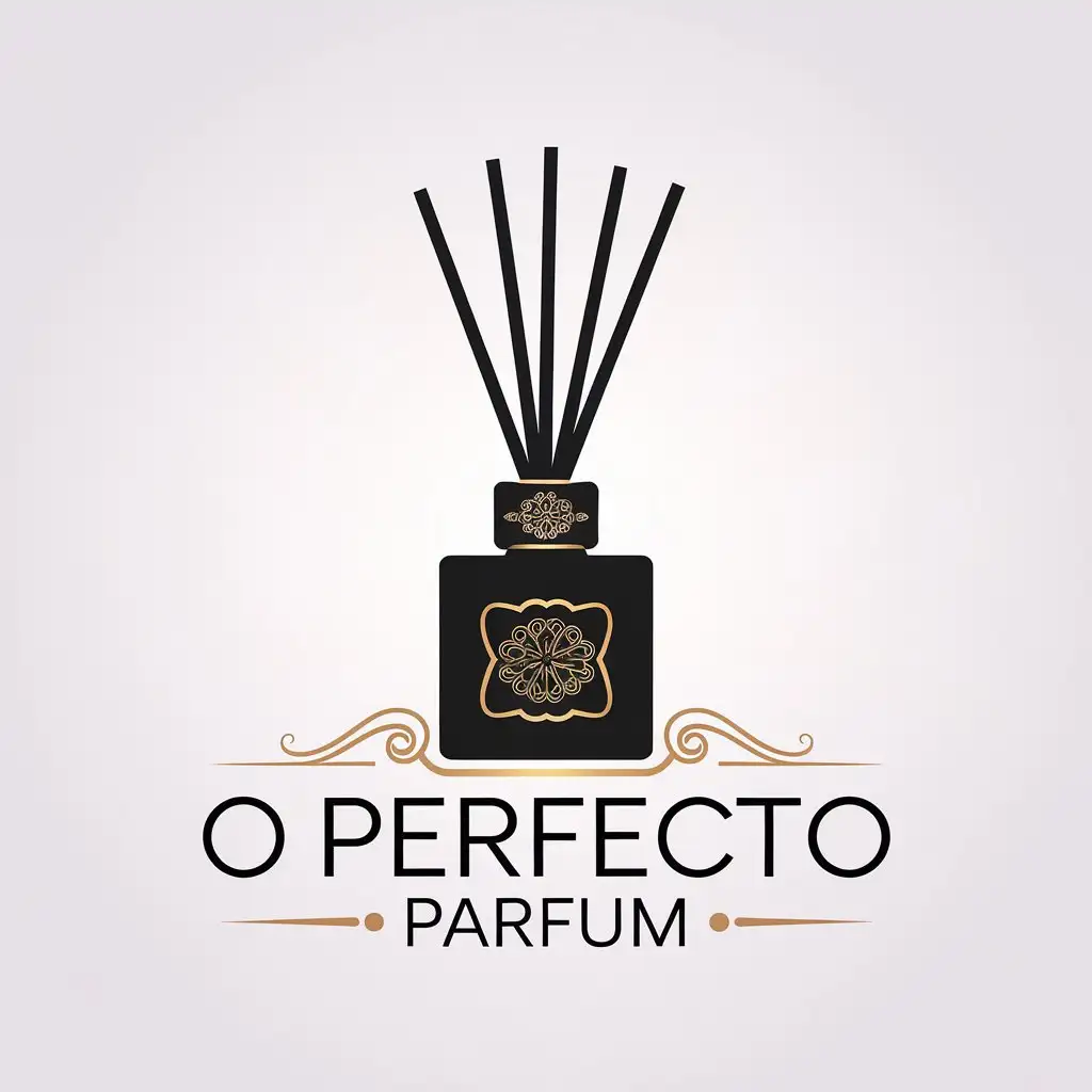 a vector logo design,with the text "O Perfecto Parfum", main symbol:Scent diffuser stick, black color with golden details,Minimalistic,be used in Retail industry,clear background