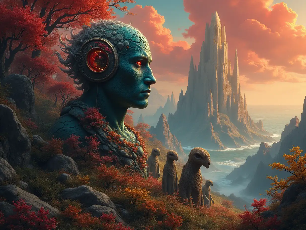 Hyperrealistic portrait of a multiverse time traveler with different alien beings, intricately detailed, colorful forest-like wilderness, red clouds in the background, an utopian tower and sea