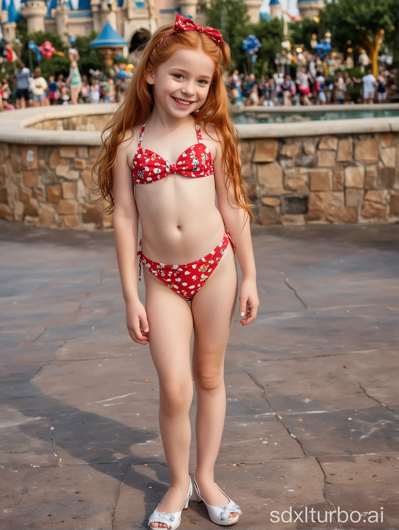 The main subject of the image is a 9-year-old ginger girl. The girl has long hair and wears a children's Disney bikini with white high heels. She has on makeup. Her smile and confidence could be highlighted in her facial expression and posture. The girl is smiling, indicating joy and contentment. She might be posing confidently to showcase her muscular abs, suggesting pride or confidence. The girl is wearing a tiny children's Disney bikini swimsuit, emphasizing her physique and white high heels. The background is Disney World