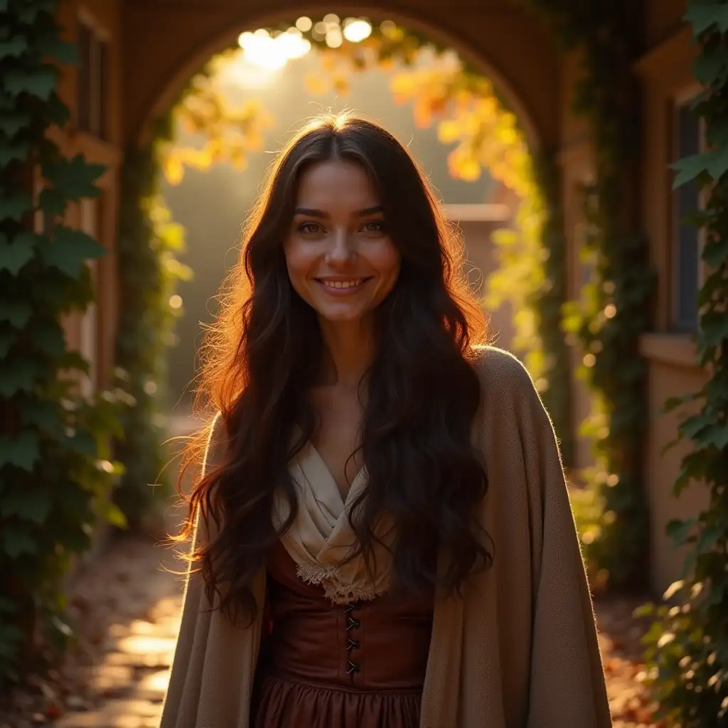 user_prompt: A warm autumn night in the south, the courtyard of a village house, arbors overgrown with vineyards, a beautiful long-haired woman in home clothes dark chestnut hair, shawl on her shoulders, standing full size against the background of an arbor, smiling