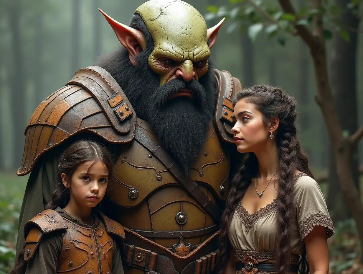 Ki-Fantasy family,Man,Woman, and Children, giant alien face with beard and with wooden armor equipment