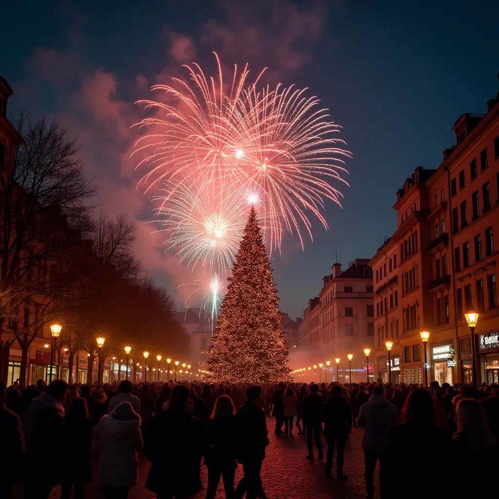 New Year's city, people, fireworks, tree all lights up