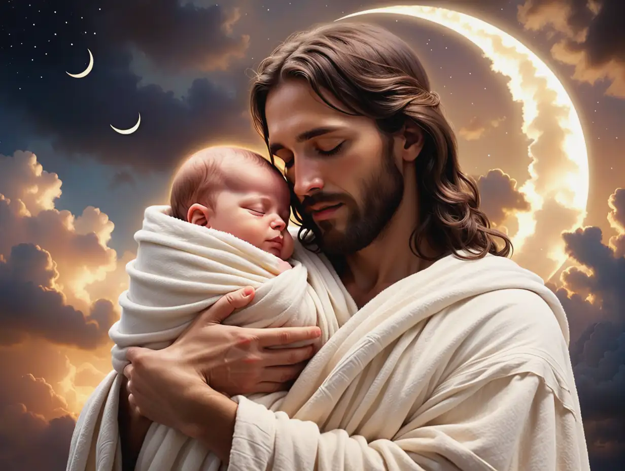 Jesus-Holding-a-Sleeping-Baby-in-His-Arms-with-a-Serene-Spiritual-Background