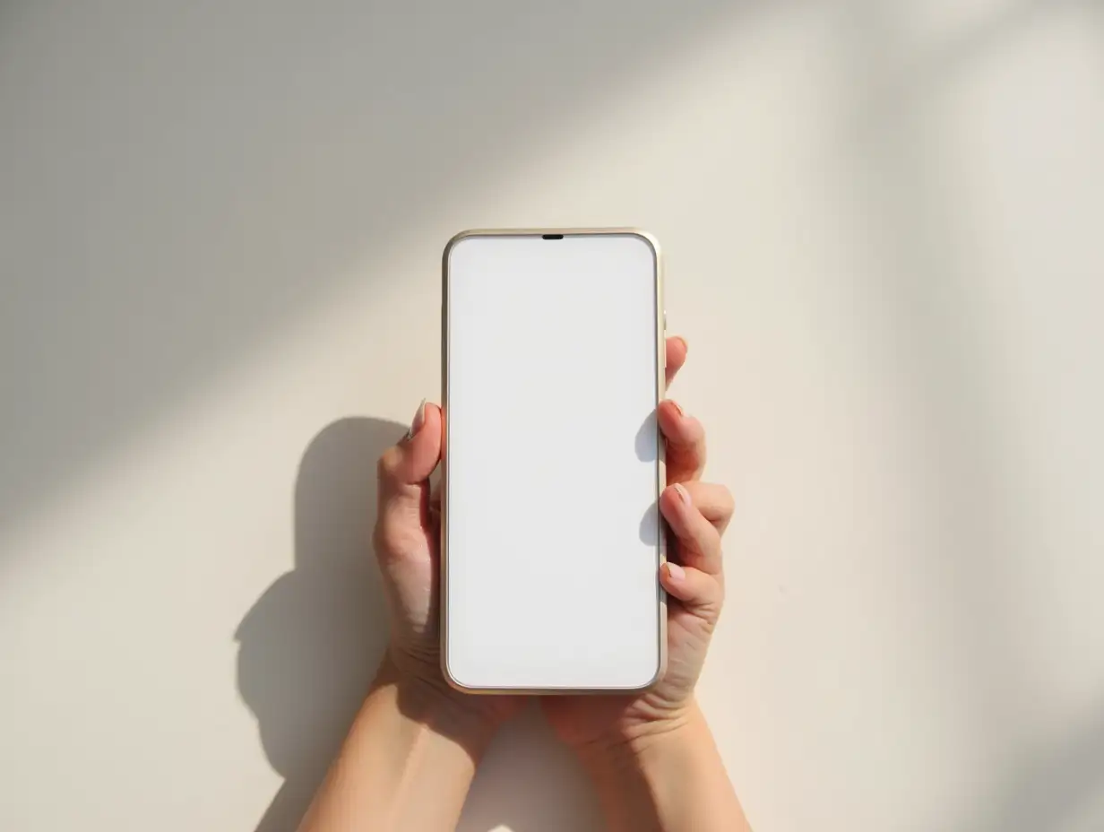 A pair of hands holding a sleek smartphone with a white screen in a well-lit environment. The lighting creates distinct shadows on the light surface beneath. The hands are positioned gently around the phone, suggesting a careful grip. The focus is on the phone and hands, with a minimalistic composition. The color scheme is neutral, dominated by soft browns and grays, creating a calm and modern atmosphere. The perspective is top-down, emphasizing the clean design and sophistication of the scene.