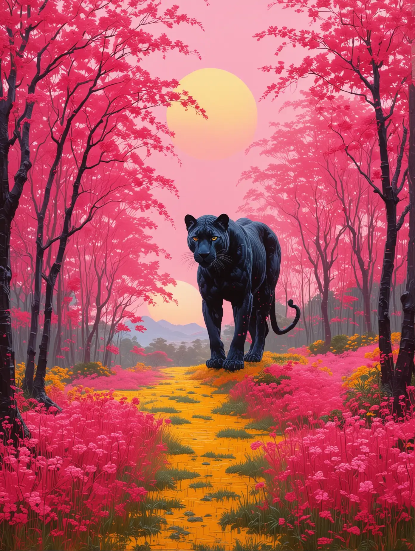 Black Panther Gazing in Pink Landscape Asian Style Neon Painting