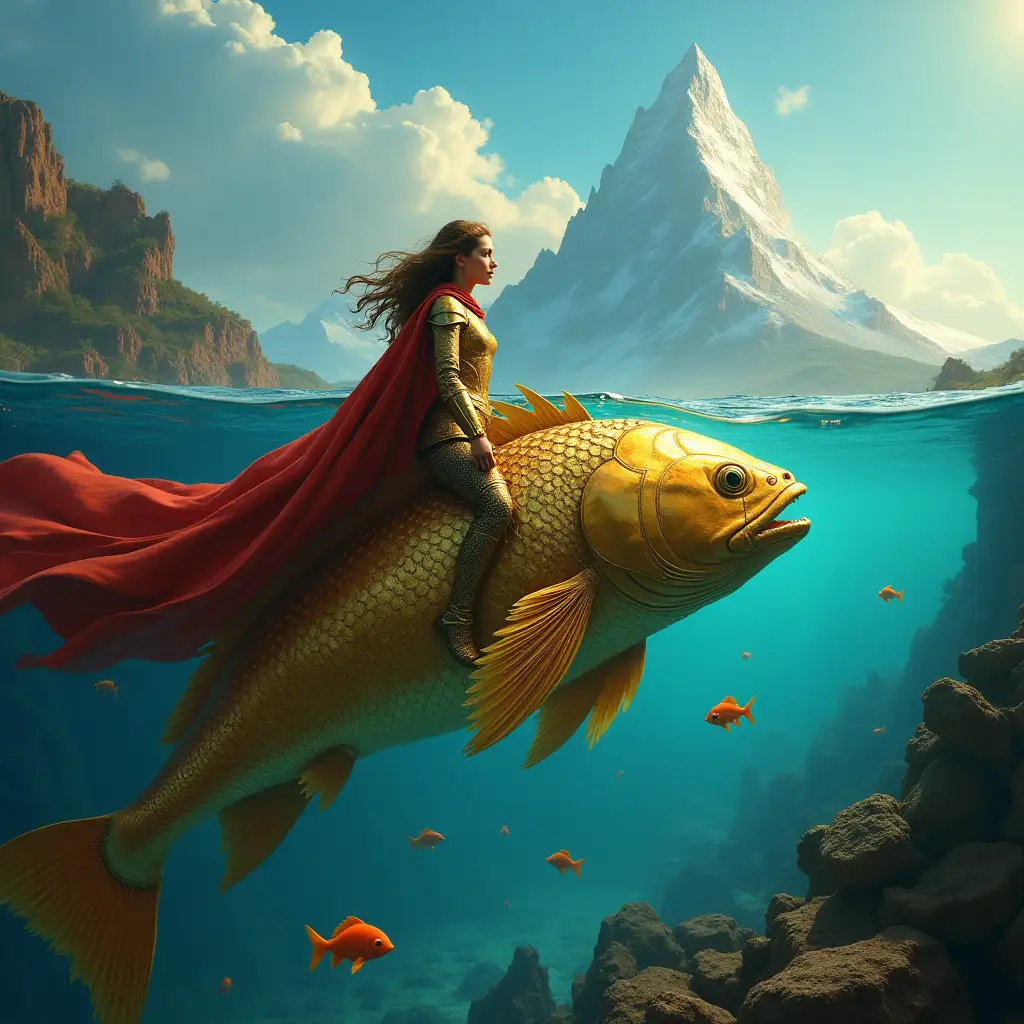 A young European woman, adorned in a colossal golden fish with intricate scales and fins shimmering in the light, rides atop a golden armor-clad steed. Its flowing red cape billows behind her as she gazes at the horizon amidst an underwater landscape of rocky terrain and coral structures. Small orange fish dart playfully around her. A majestic mountain range pierces the azure sky, its soft clouds and celestial light effects creating a sense of wonder. Vibrant colors and warm tones evoke magic, while soft lighting highlights the armor and the fish. The painterly style seamlessly integrates fantastical elements, conveying a sense of fantasy adventure, serene movement, and awe-inspiring wonder. This award-winning photograph captures cinematic excellence with its vibrant color layers, deep depth of field, and fine details. Hasselblad’s calm aesthetic captures moments with precision and clarity, allowing the viewer to immerse themselves in the scene.