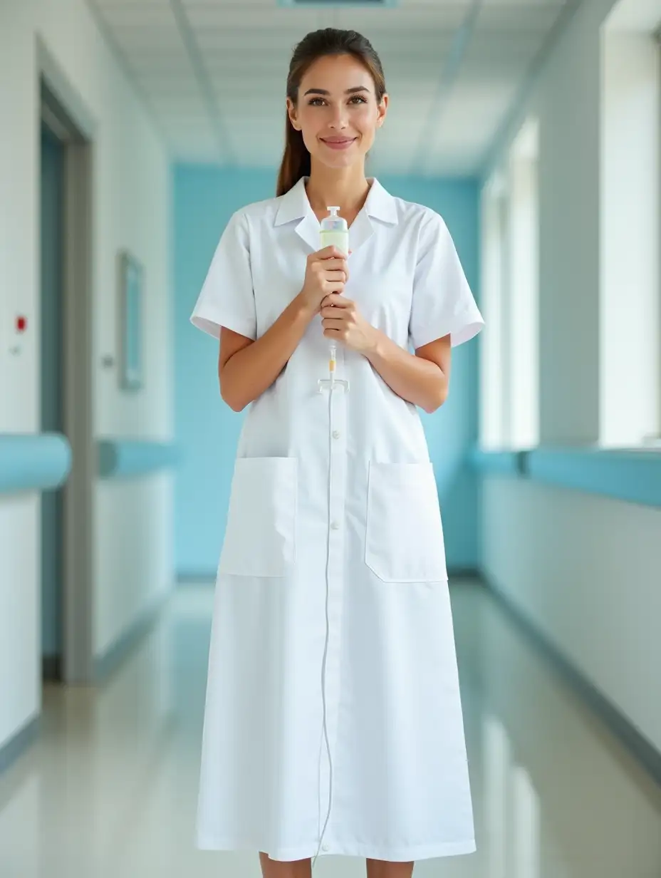 full-length portrait, beautiful nurse, dressed in a white hospital smock, hair pulled back in a ponytail, holding an IV in her hands, standing in a hospital room on a light floor