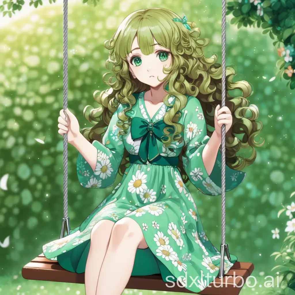 Woman-in-Green-Floral-Dress-with-Long-Curly-Hair-Sitting-on-a-Swing-in-Anime-Style