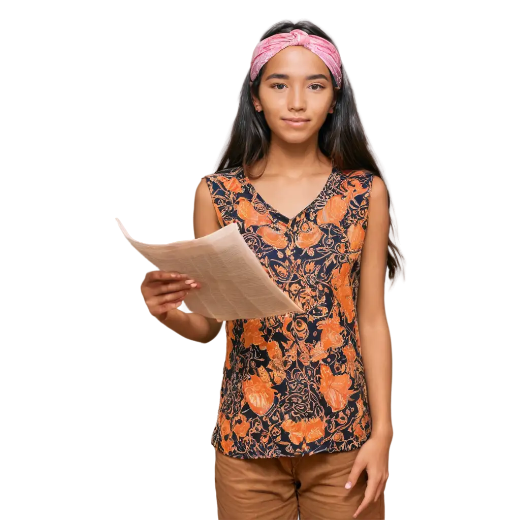 Javanese-Girl-Reading-a-Poem-in-Batik-Shirt-and-Bandana-PNG-Image