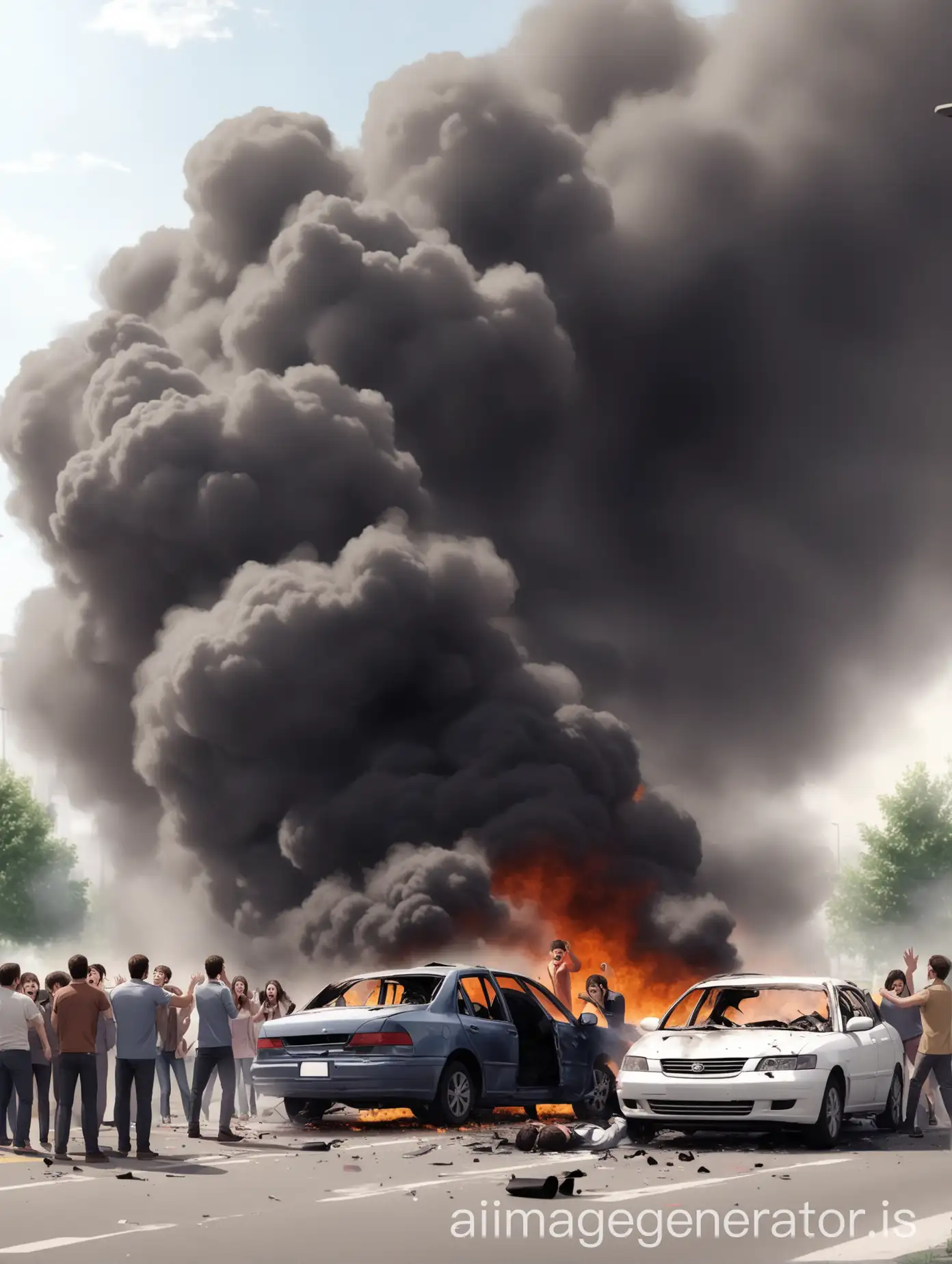 Car-Accident-Scene-with-Smoke-and-People-Shouting-for-Help