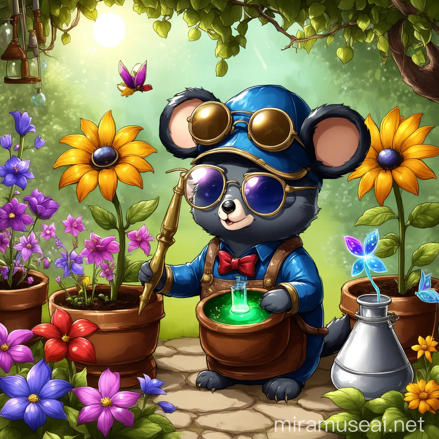 Fantasy Mole Alchemist Searching for Magical Flowers in Garden