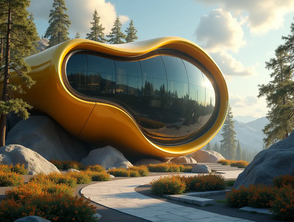 Create a high-resolution realistic image in 4k resolution a futuristic gold and black building with curved columns, trees, rocks, flowers a futuristic yellow vehicle with glass window cloudy sky