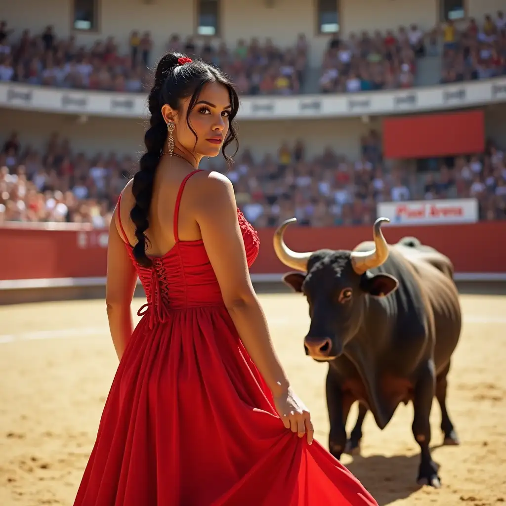 Torero-Woman-in-Spanish-Bullfighting-Arena-with-Bull-and-Spectators