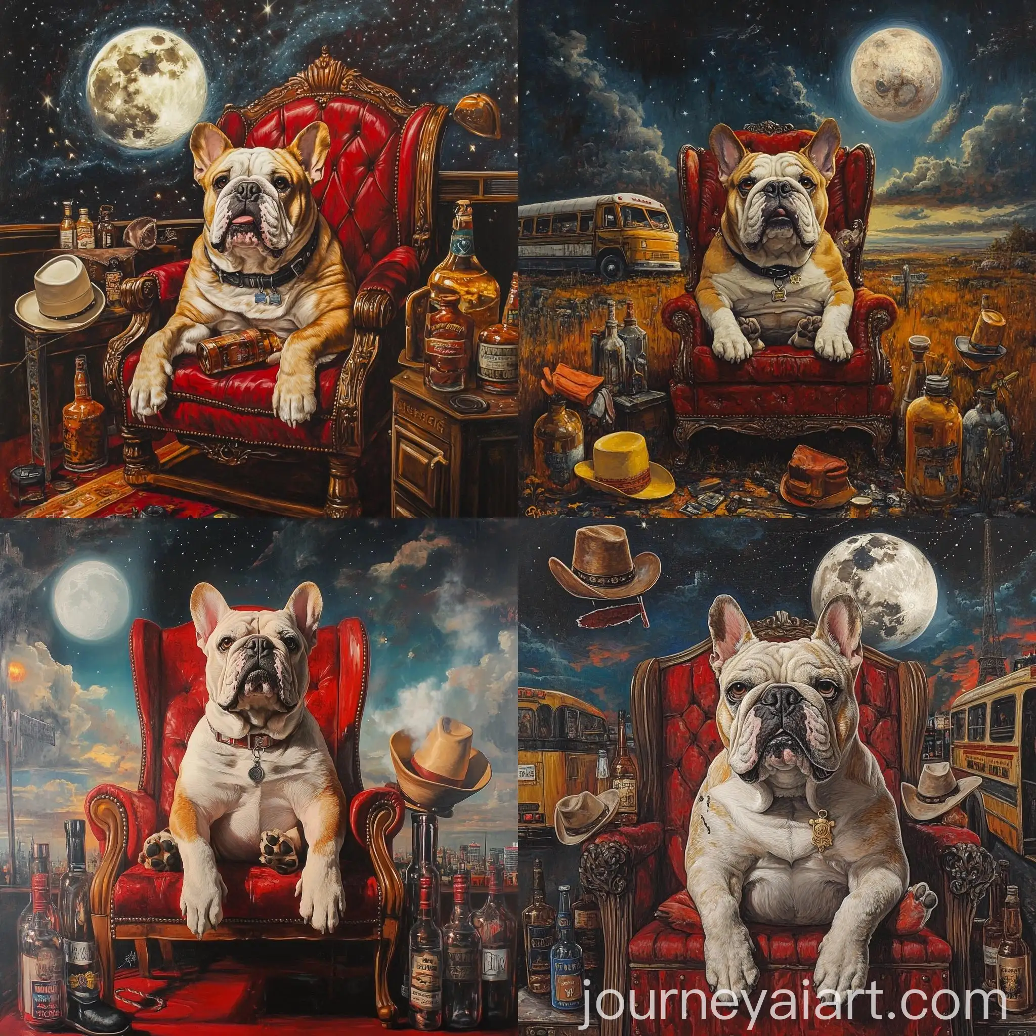 English-Bulldog-King-on-Red-Throne-with-Cowboy-Hats-Subjects