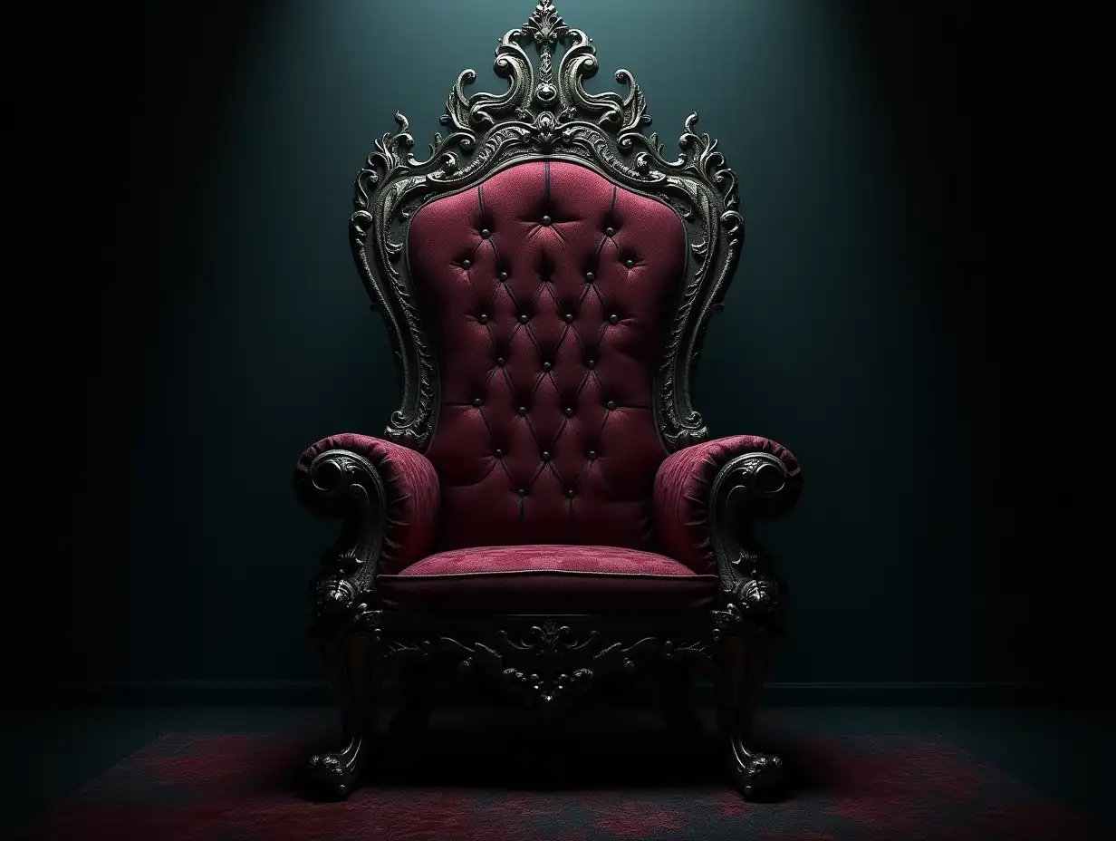 Royal throne. dark Gothic throne, front view, evil and luxury, Halloween scene background.