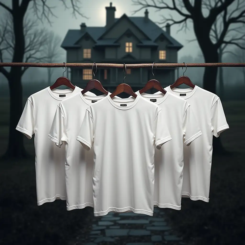 Collection of Five White TShirts in Haunted House Setting