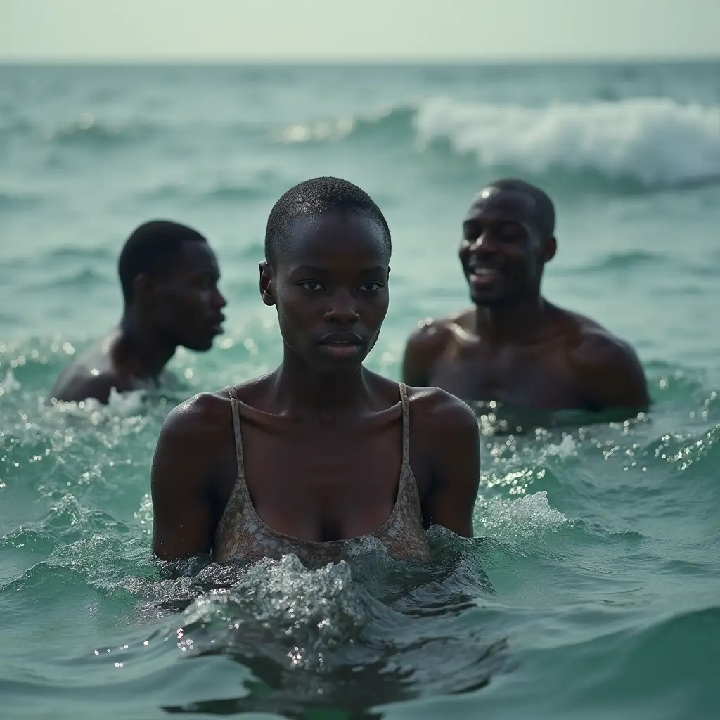 black woman with black men swimming woman with no hair angry and the black men screeming afraid