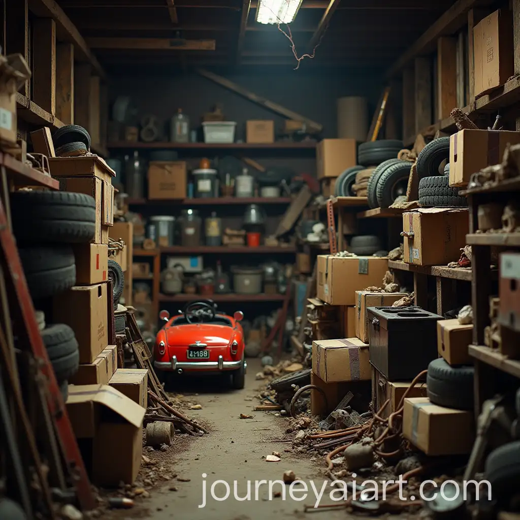 ClutterAI-Image-Expansioned-Garage-with-Hidden-Red-Toy-Car-in-Dusty-Atmosphere